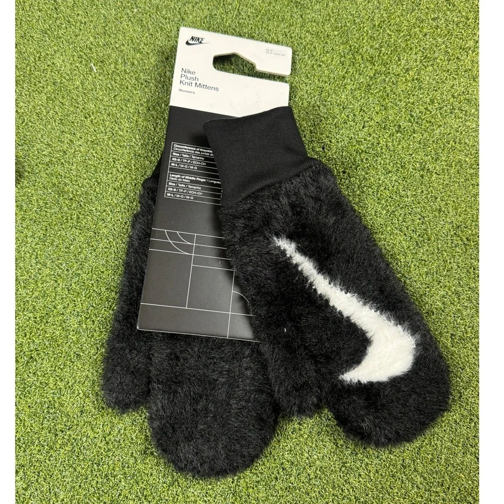 Nike Plush Knit‎ Mittens Women XS S Black Fleece Winter Gloves